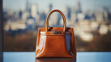 Elegant orange handbag against blurry cityscape
