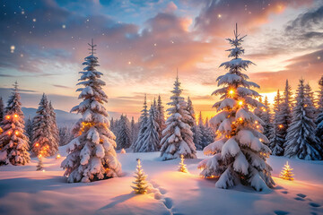 A serene winter landscape showcasing snow-covered trees adorned with lights, illuminated by a colorful sunset.