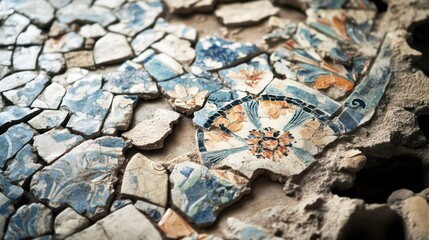 A stunning mosaic emerges from expertly reassembled pottery fragments, highlighting the beauty of craftsmanship in restoration.