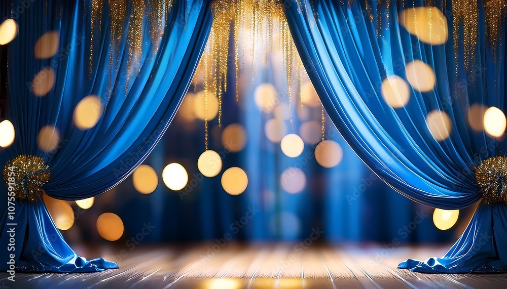 Aufkleber blue curtains with golden bokeh lights create a blurred background for elegant and magical _1(939)