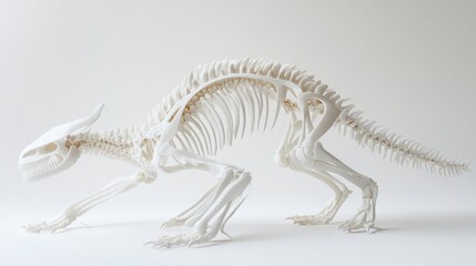 Obraz premium A striking skeletal display reveals the intricate bone architecture of a captivating nocturnal creature against a pristine white backdrop.