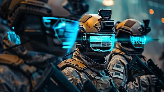 Elite tactical unit with advanced equipment. Special forces, SWAT team. Soldiers with future gear. Police operation, the fight against terrorism concept. War operation, military conflict, warfare