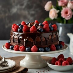 An image of a rich chocolate cake surrounded by vibrant fruits on a charming tea table, evoking warmth, indulgence, and a cozy, inviting atmosphere.