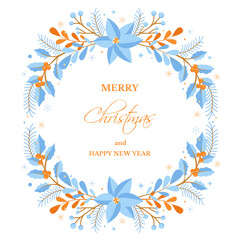 Christmas background template for greeting card. Winter holidays frame with Christmas tree branches, poinsettia, berries, snowflakes. Vector illustration banner, cover, post.
