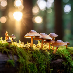 Close-up of wild mushrooms growing in the forest on a mossy log