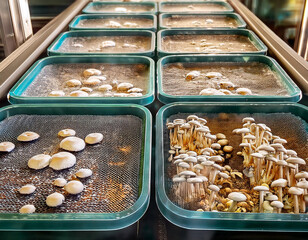 Rows of mushroom spores in trays, beginning early growth stages