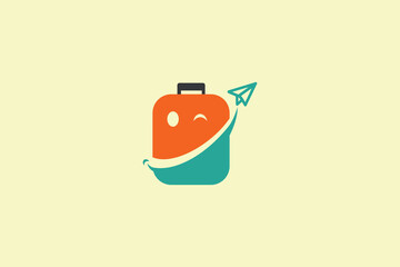 Vibrant travel logo with suitcase paper airplane and smile
