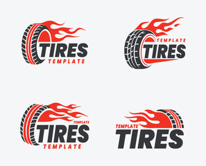 Dynamic tire logo designs with fiery elements and text templates