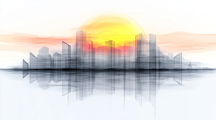 Fototapeta premium Abstract cityscape with a yellow sun setting in the background.