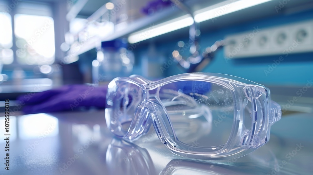 Poster safety goggles and gloves sit neatly on a shelf above a sink waiting to protect a scientist during a