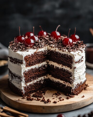 Black Forest cake, layered with rich chocolate sponge cake, whipped cream, cherries, and chocolate shavings.