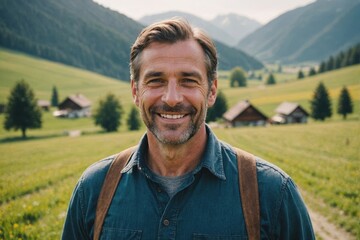 Close portrait of a smiling 40s Austrian male farmer standing and looking at the camera, outdoors Austrian rural blurred background