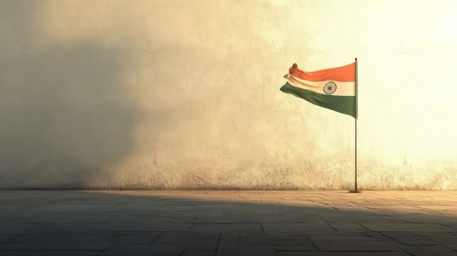 A solitary Indian flag fluttering on a blank backdrop