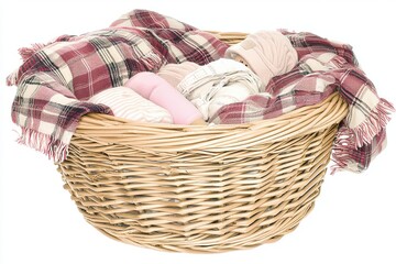 Cozy Woven Basket Filled with Soft Blankets and Textiles for Home Decor, Perfect for Baby Rooms, Nurseries, or Cozy Living Spaces Featuring Warm Tones and Patterns