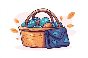 Colorful Easter Basket Filled with Decorative Eggs and Stylish Pouch Surrounded by Floating Leaves in a Playful and Whimsical Style