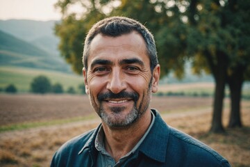 Close portrait of a smiling 40s Azerbaijani male farmer standing and looking at the camera, outdoors Azerbaijani rural blurred background