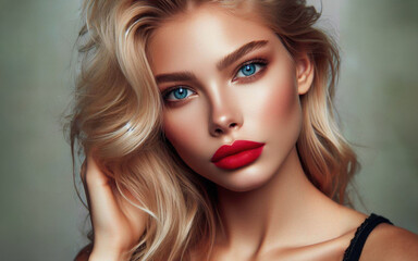 Fototapeta premium A striking portrait of a blonde woman with piercing blue eyes, vibrant red lips, and flawless makeup. Her hair flows elegantly, highlighting her beauty and captivating expression