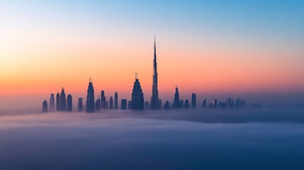 Fototapeta premium A skyline of towering structures breaks through the morning haze, their silhouettes contrasting against a gentle pastel horizon.