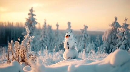 Fototapeta premium Adorable Snowman in a Winter Wonderland with Christmas Lights