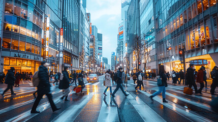 Obraz premium Blurred Crowd of unrecognizable business people walking on Zebra crossing in rush hour working day, blur business and people, lifestyle and leisure