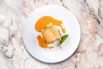 Fried tasty fish steak with cooked gvegetables