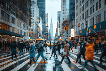 Fototapeta premium Blurred Crowd of unrecognizable business people walking on Zebra crossing in rush hour working day, blur business and people, lifestyle and leisure