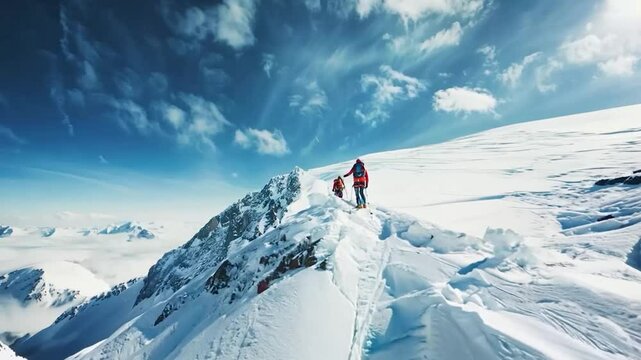 A man in an orange jacket is climbing a mountain with two other people