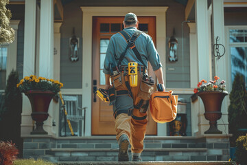 Back of professional handyman or repairman with bag and tools walking into the front door house. Close up
