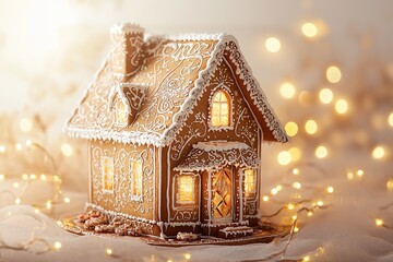 Gingerbread house with warm lights and festive decor