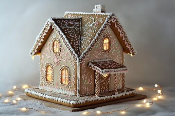 Handcrafted gingerbread house with lights, festive decoration