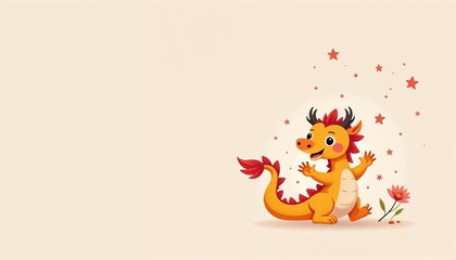 Cute dragon symbolizing the passing year, joyfully waving with stars and flowers