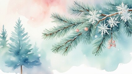 Beautiful watercolor Christmas tree branch with snowflakes and festive decorations