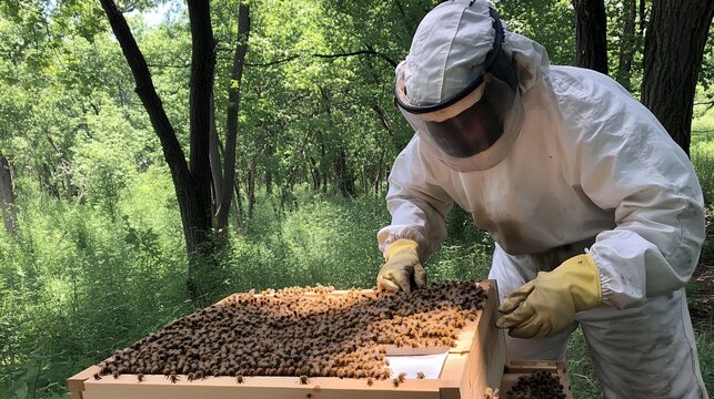 A beekeeper in protective gear examines a hive surrounded by lush green forest, ensuring the health of the bee colony