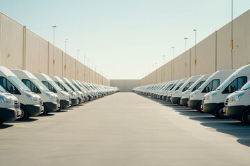 Fototapeta premium rows of white delivery vans parked symmetrically in a wide industrial lot under bright daylight highlighting urban logistics 