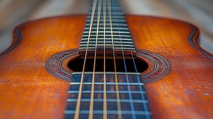 Close-up of the soundhole and strings of an acoustic guitar.