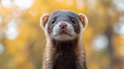 Fototapeta premium Curious ferret posing for a close-up amidst colorful autumn foliage during daylight