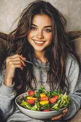 Painting of a woman smiling joyfully while eating a healthy salad.