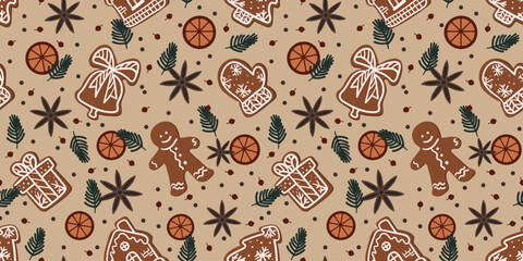Seamless pattern with gingerbread, fir branches, berries, orange slices, star anise. Christmas and new year winter vector background. Wrapping paper, textile, fabric texture.