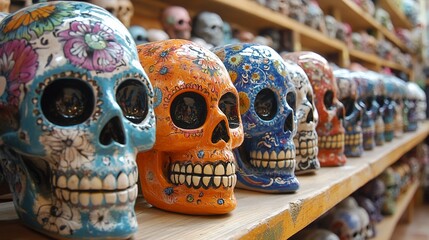 Fototapeta premium Colorful Sugar Skulls on a Shelf.
