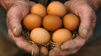 Weathered hands gently cradle freshly laid eggs, showcasing the essence of farm life and sustainability