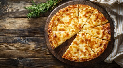Classic potato gratin with golden, cheesy crust, slices arranged neatly, isolated on a rustic wooden table background
