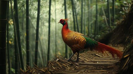 A vibrant pheasant stands gracefully on a forest path, surrounded by towering bamboo, in a serene natural setting