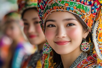 Smiling hmong woman wearing traditional colorful clothing and headdress