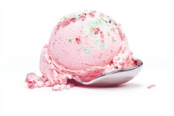 Sweet and Colorful Scoop of Strawberry Ice Cream with Sprinkles on a Silver Spoon, Isolated on a White Background, Perfect for Treat or Dessert Imagery