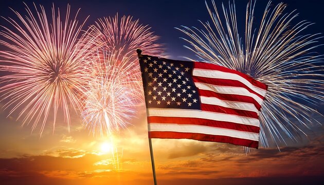 A waving American flag is set against a backdrop of fireworks and sunset with bright flare _1(770)