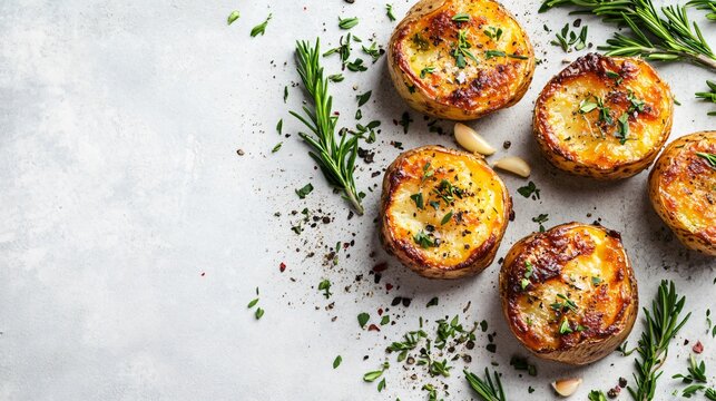 Crispy smashed potatoes with garlic and rosemary, isolated on a light stone background with scattered herbs