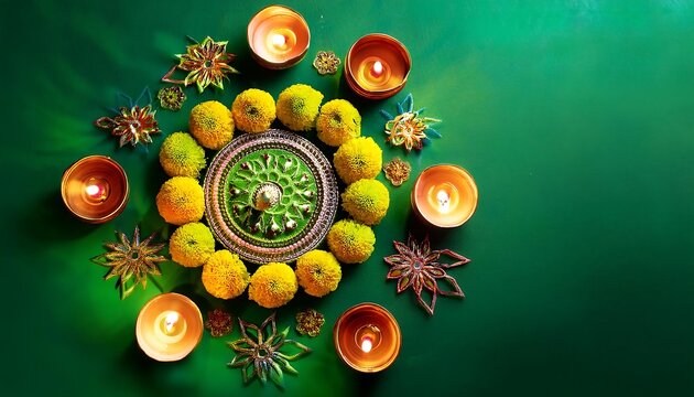  A vibrant green color scheme adorns a Bright Diwali background with colorful rangoli de_1(755)