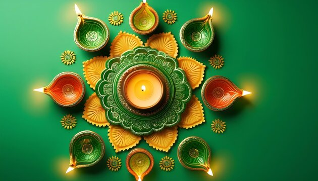  A vibrant green color scheme adorns a Bright Diwali background with colorful rangoli design_1(754)