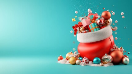 Obraz premium Christmas Magic: A vibrant, festive Santa Claus sack overflowing with colorful gifts and ornaments against a cheerful teal background. The perfect image for holiday greetings, promotions.