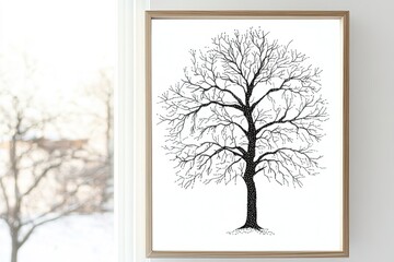 Winter tree illustration in frame by window, snow outside